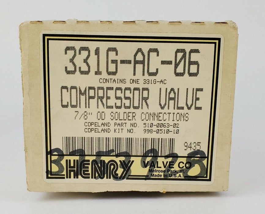 Copeland HENRY 331G-AC-06 COMPRESSOR VALVE 7/8", 510-0063-02 (331G-AC)