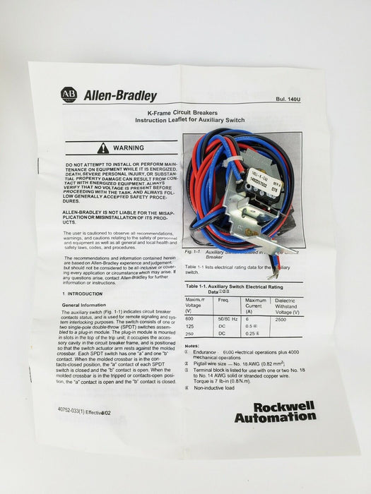 ALLEN BRADLEY 140U-K-EA2 SER. A  AUXILIARY CONTACT