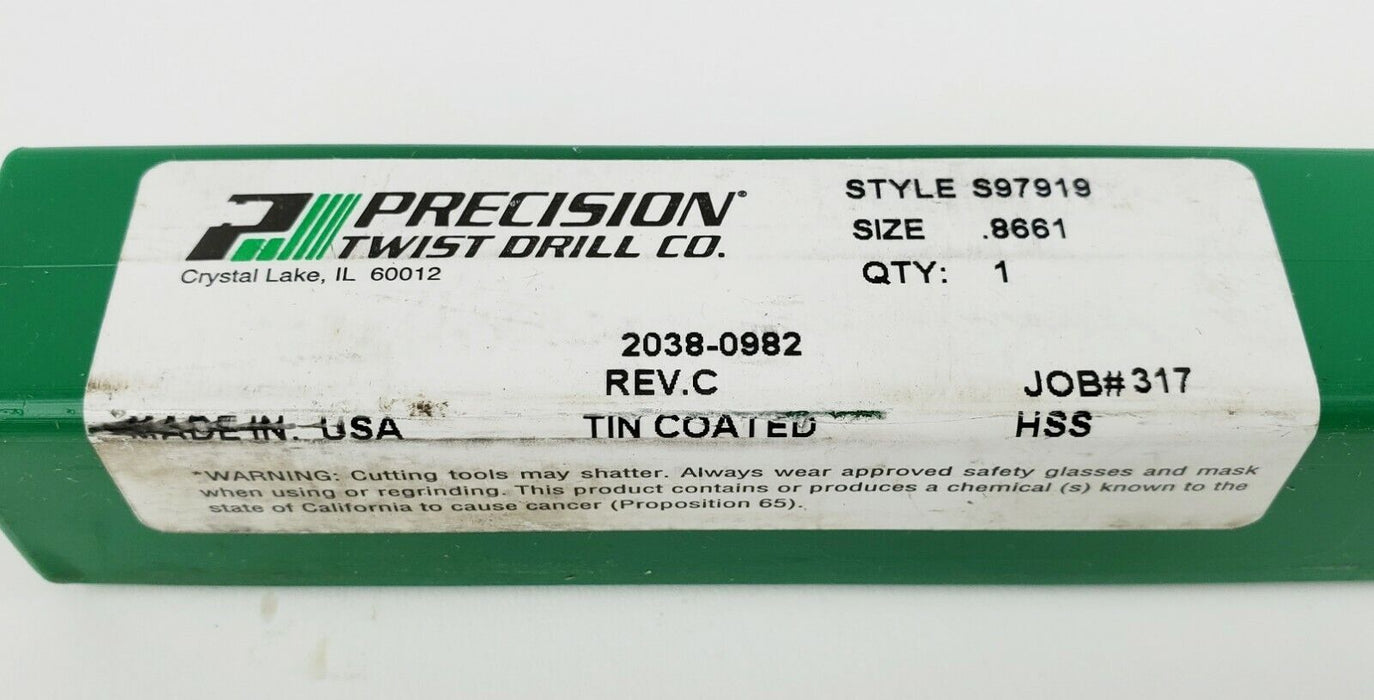 PRECISION TWIST DRILL CO. 2038-0982 REV. C TIN COATED (S97919 .8661) NEW!