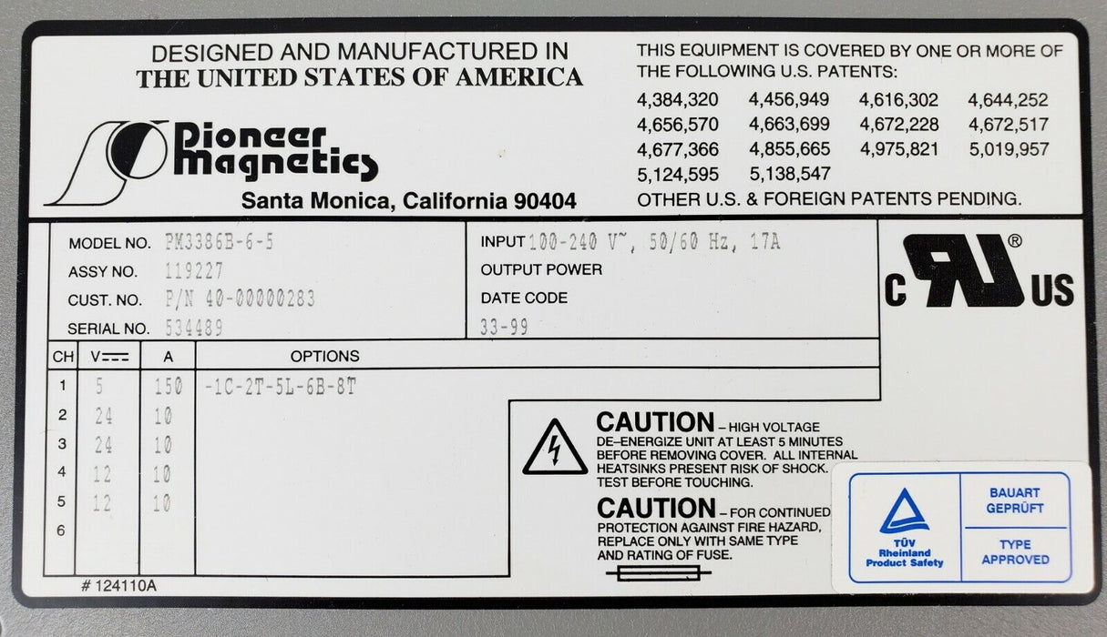 PIONEER MAGNETICS PM3386B-6-5  17A 100-240V 50/60HZ POWER SUPPLY