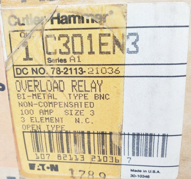 Cutler Hammer C301EN3 Overload Relay Ser A 600V 100A