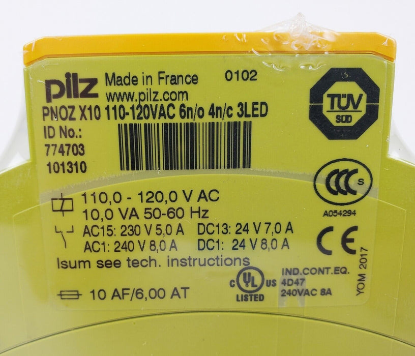 Pilz 774703 PNOZ X10 Safety Relay 110-120VAC 6n/o 4n/c 3LED