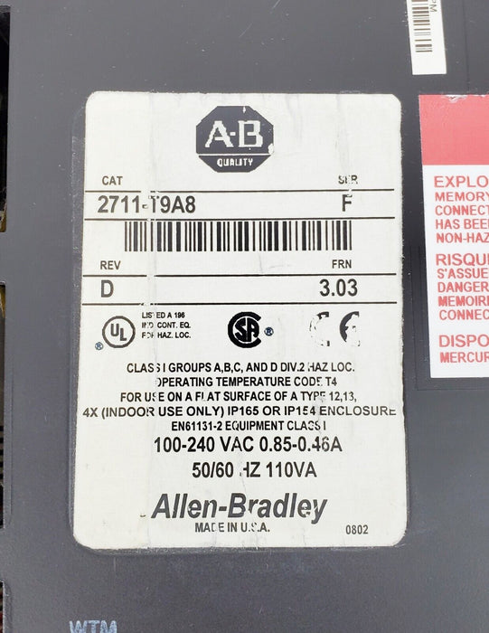 Allen Bradley 2711-T9A8 PanelView 900 Ser F Rev D frn 3.03