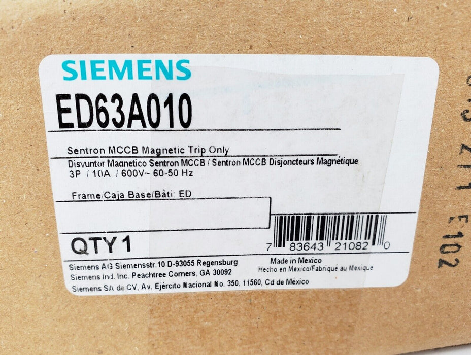 Siemens ED63A010 Circuit Breaker Sentron 10A 600VAC 3P