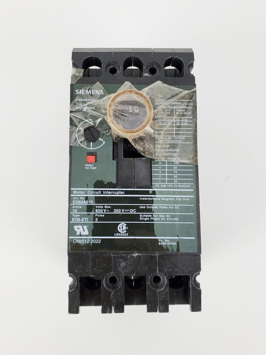 Siemens ED63A010 Circuit Breaker Sentron 10A 600VAC 3P