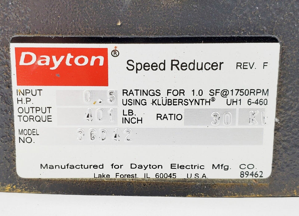 Dayton 3GD42 Speed Reducer 58rpm 30:1 56-C