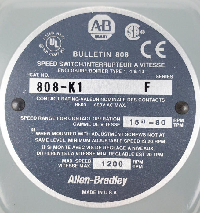 Allen Bradley 808-K1 Speed Switch Ser F